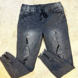 Black Distressed Skinny Jeans with Elastic Waistband